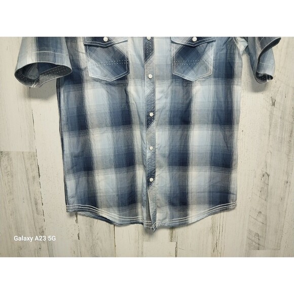 Coastal Western Shirt Mens Small Blue Plaid Short Sleeve Pearl Snap Up Cowboy - Picture 2 of 7